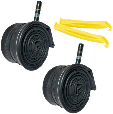 700 x 35/43C Inner Tubes (27" X 1-3/8") with Tire Levers and Metal Air Caps for Bicycle, Straight Schrader Valve (33mm or 48mm)  - 2 Pack